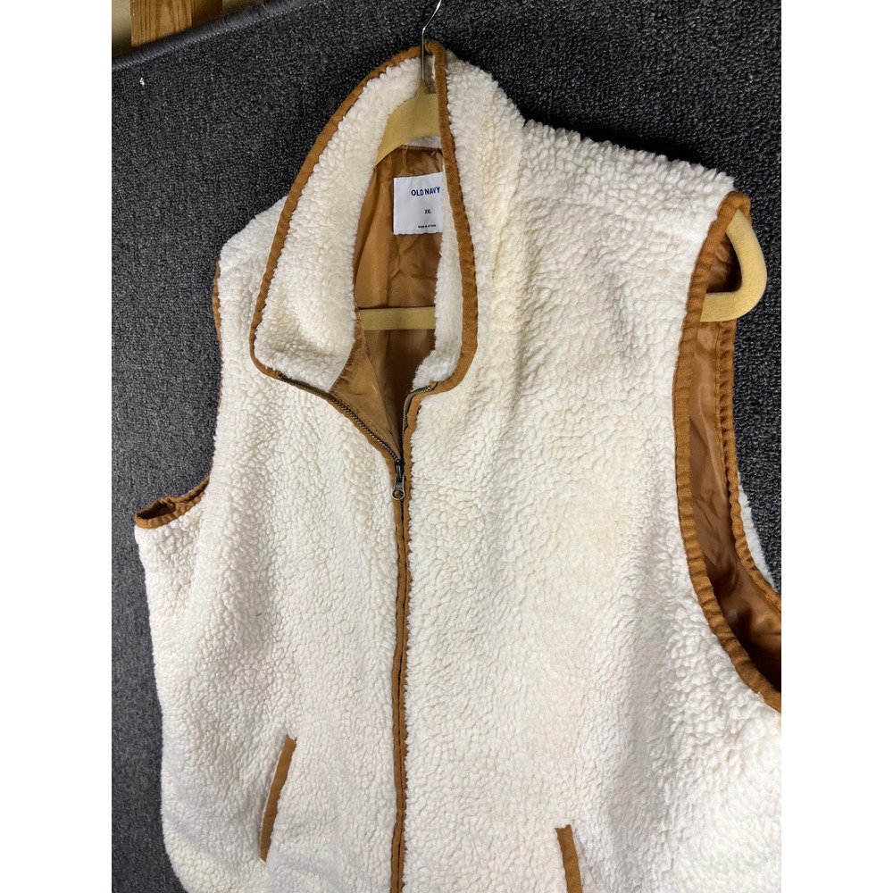 Old Navy Cream Sherpa Fleece Vest Womens XXL Tan Trim Full Zip Pockets